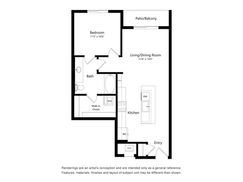 Floor plan for 1 bed, 1 bath, 724 sqft